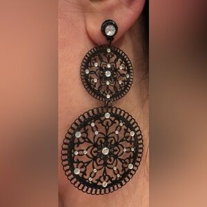 Black Beaded Double-Drop Earrings with Faceted Accents